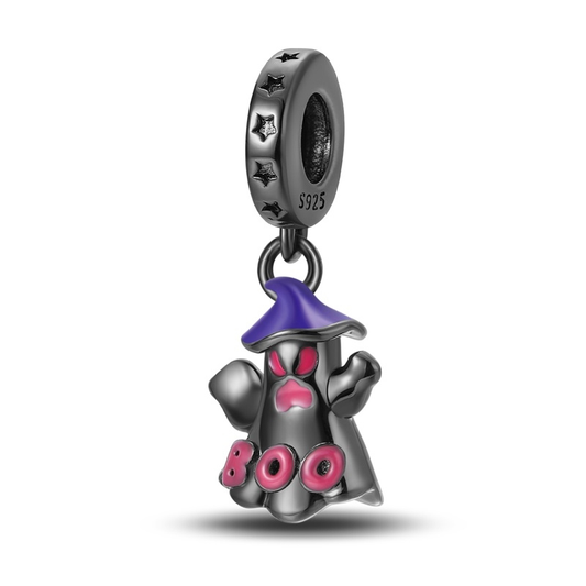Halloween Boo Ghost Charm for sterling silver bracelets and necklaces, festive Halloween jewelry gift at Mirisoul Jewelry Shop.